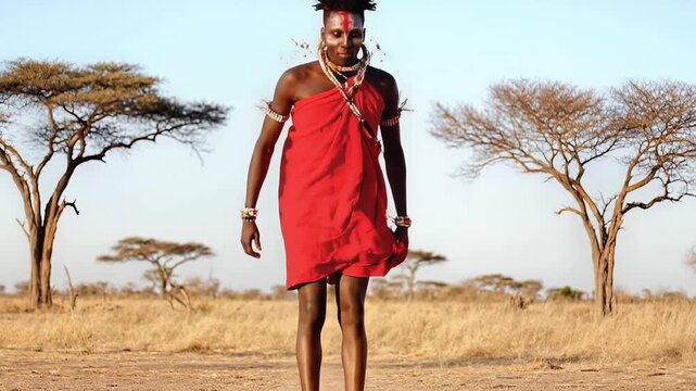 Young Maasai man in traditional red shuka and beads in the savanna