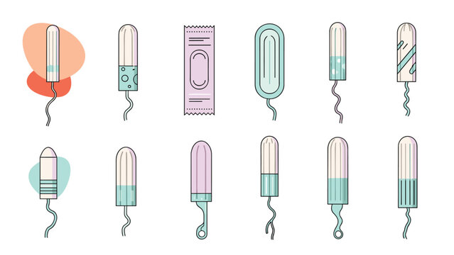 Assorted feminine hygiene products including various sizes of tampons and a sanitary pad shown in a clean graphic layout.