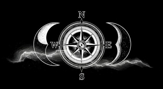 Mystical compass rose with crescent moons and lightning bolt, symbolizing direction, magic, and cosmic energy