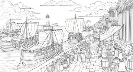 Fototapeta premium Detailed black and white illustration of an ancient port city with bustling marketplace, traditional ships, and classical architecture.
