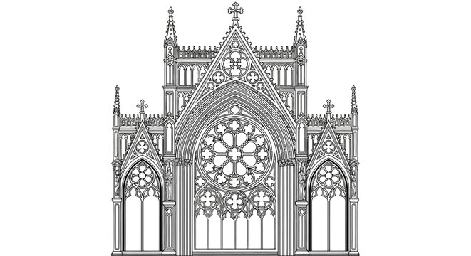 Intricate Gothic Cathedral Facade Illustration with Rose Window. Medieval Church Architecture Line Art Drawing.