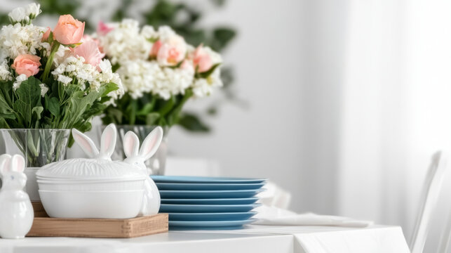 Elegant easter celebration table setting with collectible bunny decor and floral arrangements