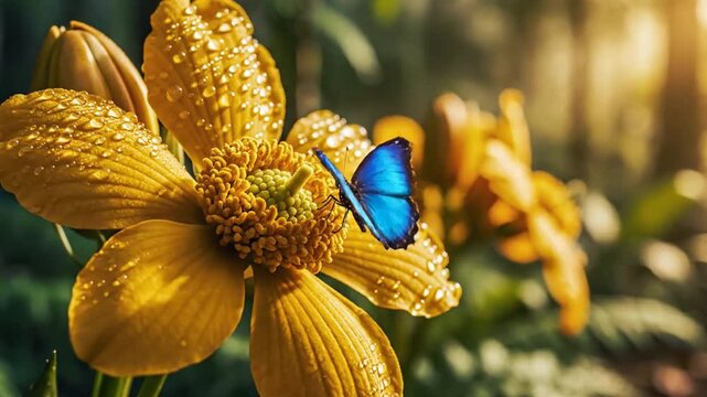 Lush Rainforest Scene with Vibrant Yellow Flowers, Ferns, and a Blue Morpho Butterfly in Nature
