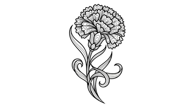 Detailed black and white carnation flower illustration with decorative leaves and bud, elegant botanical line art design.