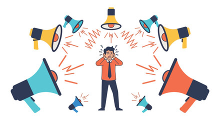 A stressed man is overwhelmed by multiple loud megaphones depicted in a striking silhouette high quality professional detailed modern elegant stylish © rabbivay