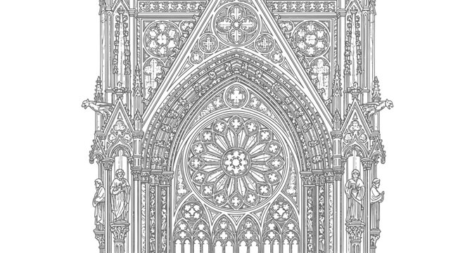 Highly detailed Gothic cathedral facade line drawing, featuring an ornate rose window, intricate carvings, arches, and architectural grandeur.