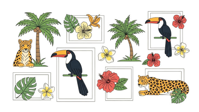 Toucans and cheetahs inhabit tropical jungle with palm trees and flowers.