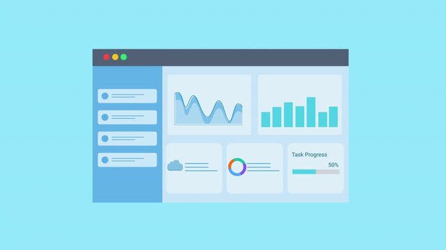 Animated flat dashboard interface displaying charts, graphs, and data panels in a browser window. Concept for data analytics, business reporting, statistics monitoring, and digital technology visualiz