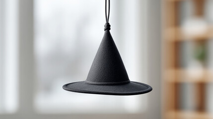 Obraz premium Mysterious black witch hat with tag on string against soft white background