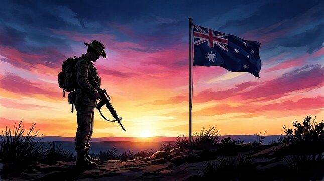 Anzac Day, Australian Flag, Soldier Silhouette, Remembrance Day, Lest We Forget, Military Memorial, Australian Army standing at dawn in the outback at sunrise for national pride.