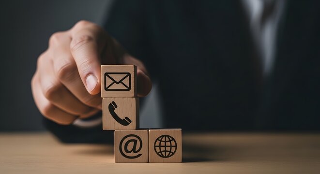Businessman building blocks with communication symbols
