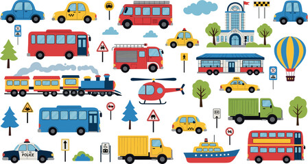Transportation vehicles vector set with cars, buses, train, helicopter, police car, truck and road signs cartoon illustration © MdNazmul