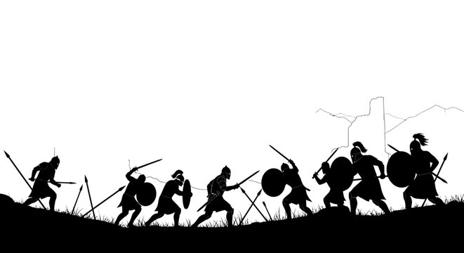 Dynamic silhouettes of ancient warriors clashing in battle with swords, spears, and shields on a historical battlefield