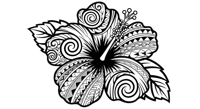 Detailed tribal hibiscus flower vector illustration. Black and white decorative floral design with intricate Polynesian patterns.