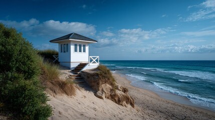 Fototapeta premium Serene Coastal View of a Beach House Overlooking the Ocean Shoreline