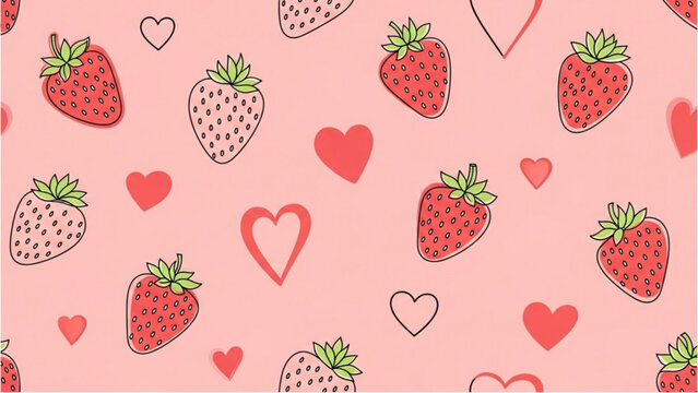 A sweet pattern of strawberries and hearts on a pink background with food and love theme illustrations.