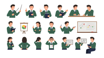 Fototapeta premium Business Presentations: A set of illustrations showcasing various professionals in diverse poses, with a range of presentation tools. 