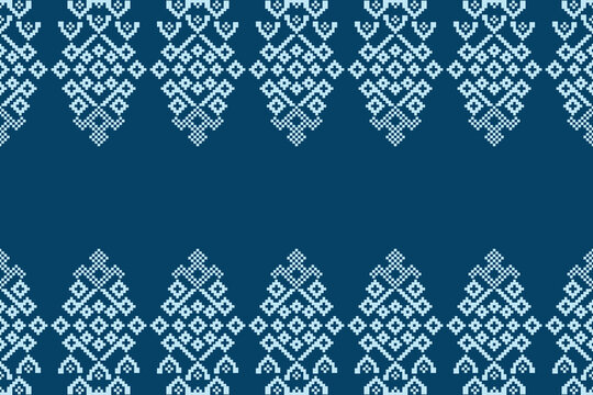 Ethnic pattern blue background embroidery motif traditional with geometric,fabric pattern,colorful,tribal,cross stitch,ikat.