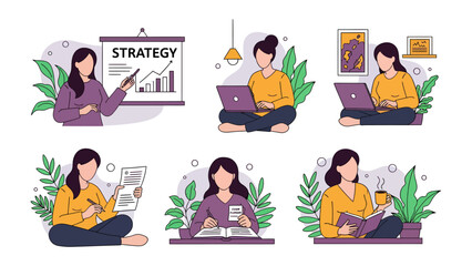 Fototapeta premium Woman at Work: Depicting a woman engaged in various work-related activities, encompassing aspects of business, education, and leisure.