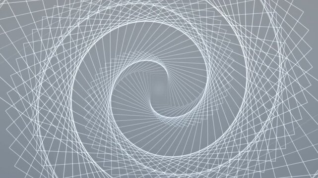 Swirling tunnel of white lines spirals inward on gray gradient