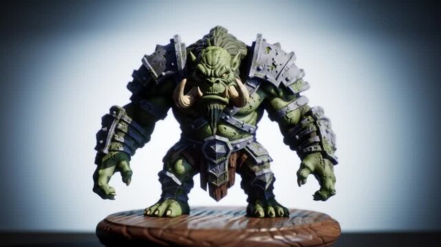Fierce Orc Warrior Miniature with Fantasy Figure on Wooden Base, and Studio Shot.
