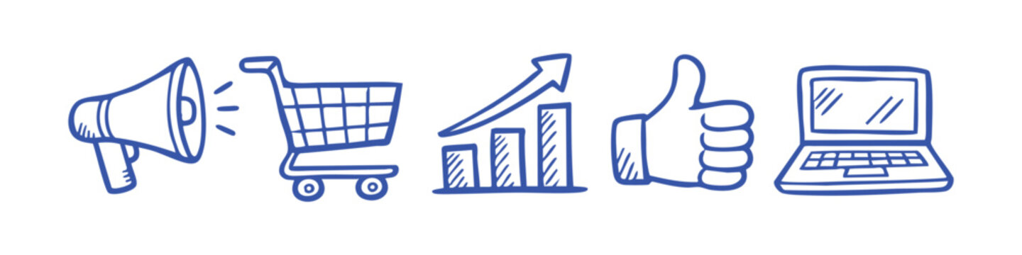 Hand-drawn blue icons for digital marketing and business, featuring megaphone, shopping cart, growth chart, thumbs up, and laptop. Sketchy doodle style on white background.