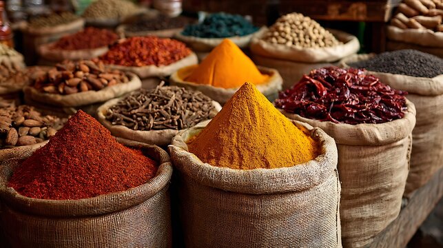 Burlap sacks overflowing with vibrant, powdered spices for sale at a market stall
