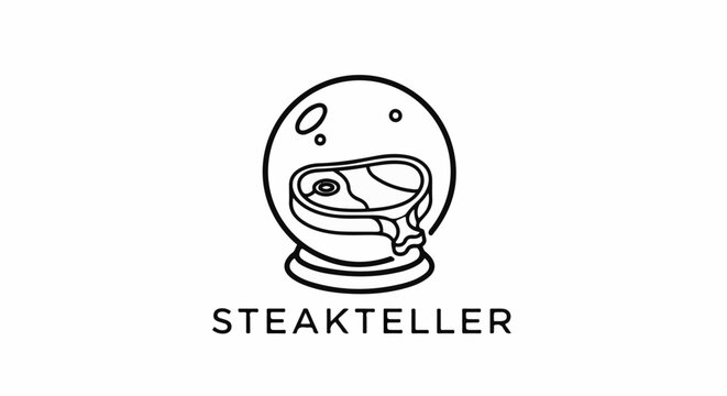 A black and white line drawing depicts a raw steak within a crystal ball on a stand