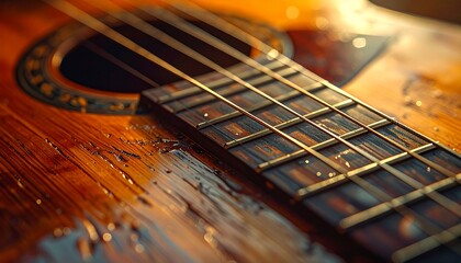 Fototapeta premium Macro Shot of Acoustic Guitar Bridge and Strings on Light Wood Body