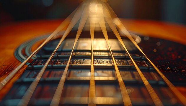 Macro Low Angle View of Vibrating Acoustic Guitar Strings with Warm Golden Lighting on Wooden Fretboard