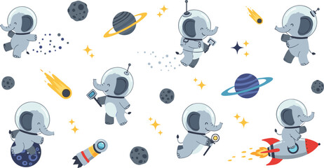 Cute elephant astronaut space adventure vector set with rockets planets meteors stars and cartoon elephant cosmonaut characters © MdNipon