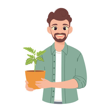 A smiling man holding a potted plant. Gardening and houseplants. Flat vector illustration of a young gardener with a houseplant, isolated on white background. Concept for eco-friendly lifestyle, amate