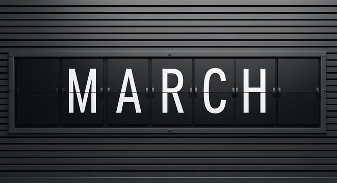 A black split-flap display shows the word "MARCH" in white letters against a dark backdrop