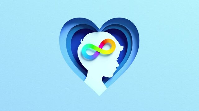 Looping video of a child head silhouette with rainbow infinity symbol inside layered heart shape, representing autism acceptance, neurodiversity love, care and emotional support in 3D animation