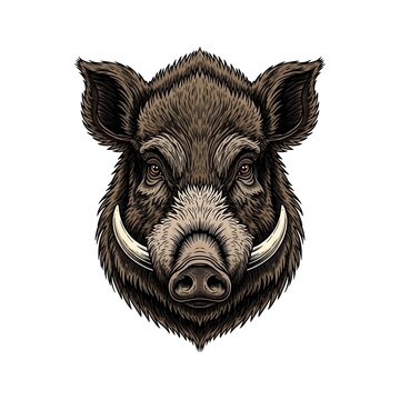 Detailed front view illustration of a wild boar head with prominent tusks on a white background