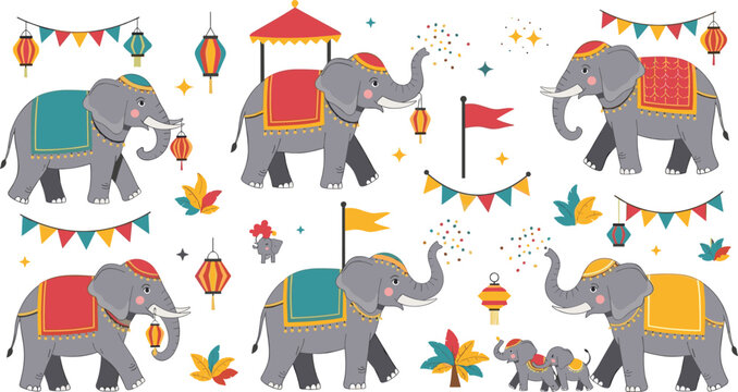 Cute decorated festival elephants vector set with lanterns flags confetti and traditional celebration elements in cartoon style illustration