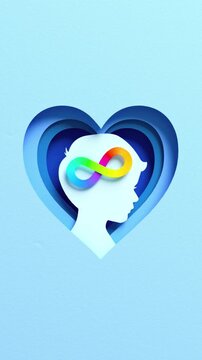 Looping video of a child head silhouette with rainbow infinity symbol inside layered heart shape, representing autism acceptance, neurodiversity love, care and emotional support in 3D animation