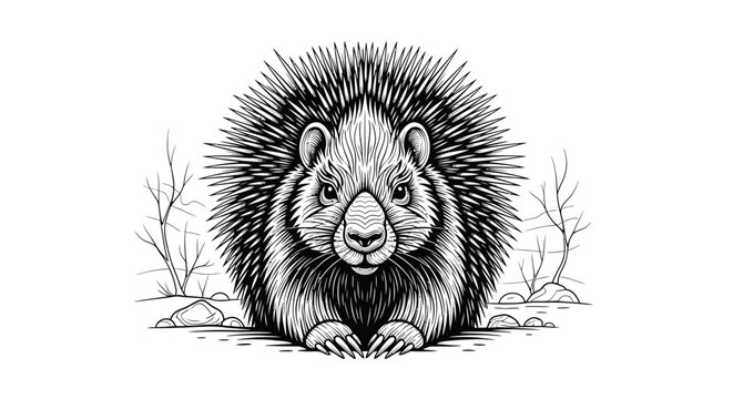 Detailed black and white illustration of a porcupine with sharp quills, a wild rodent mammal in a natural habitat, front view.