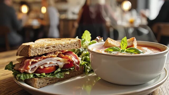Close up of a sandwich with soup in a restaurant setting
