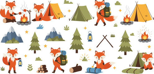 Cute Fox Camping Adventure Set with Tent, Campfire, Backpack and Forest Elements, Cartoon Animal Hiking and Outdoor Travel Vector Illustration Collection © MdNipon