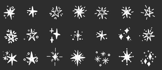 Crayon stars doodle line minimalistic icon set. Hand drawn vector graphic sparkling twinkling elements. Glitter comic collection.