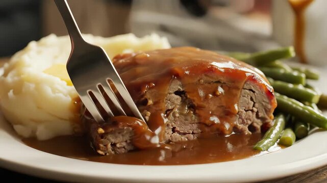 Close up of delicious meatloaf with gravy mashed potatoes and green beans on a plate
