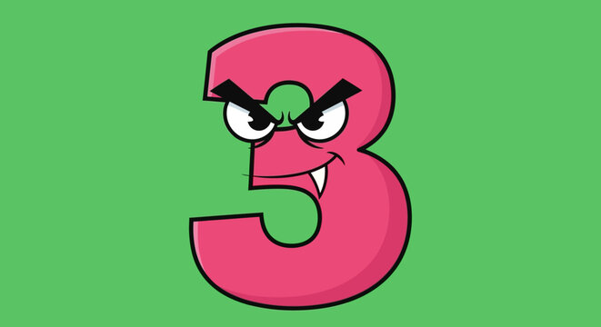 Cartoon Number Three with Evil Face on Green Background