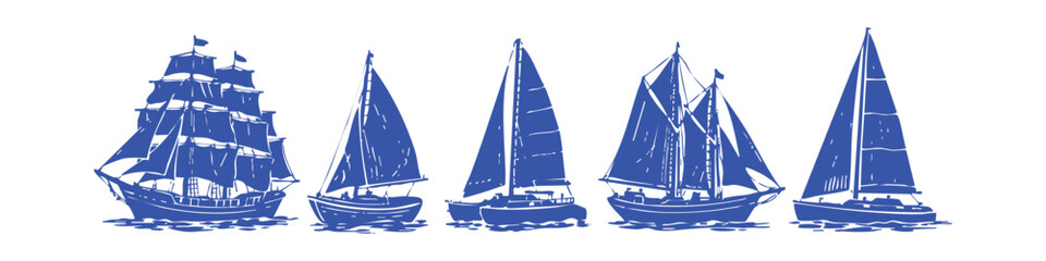 Set of five blue silhouette illustrations of various sailing vessels, including a tall ship and yachts, isolated on a white background. Nautical and maritime theme for design projects. © Nort Kor