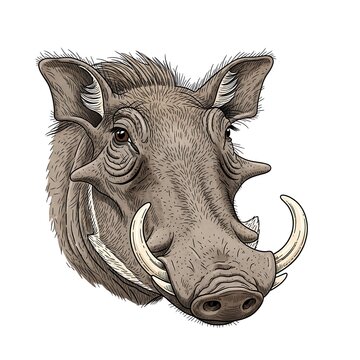 Detailed illustration of a warthog head with prominent tusks and bristly hair on a white background