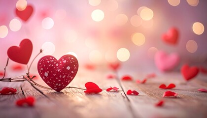 Obraz premium Romantic Red Hearts and Rose Petals on Wooden Background with Bokeh Lights.