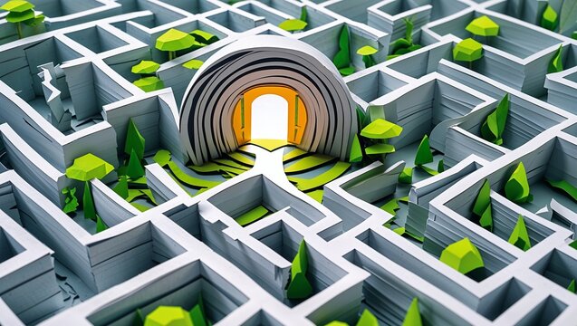 Labyrinth with glowing exit gate in a paper cut style, solution finding and business goal concept background