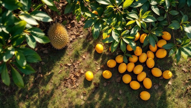 Harvested durian and yellow plums scattered on the grass under a tree