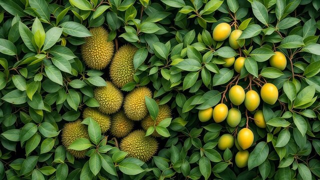 Tropical fruits durian and yellow mango plums growing in lush green foliage