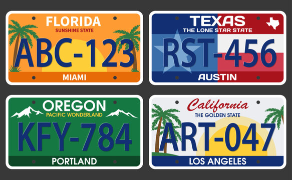 Set 4 Usa region plate. American license plate with state name and numbers: Florida, Texas, Oregon, California.
